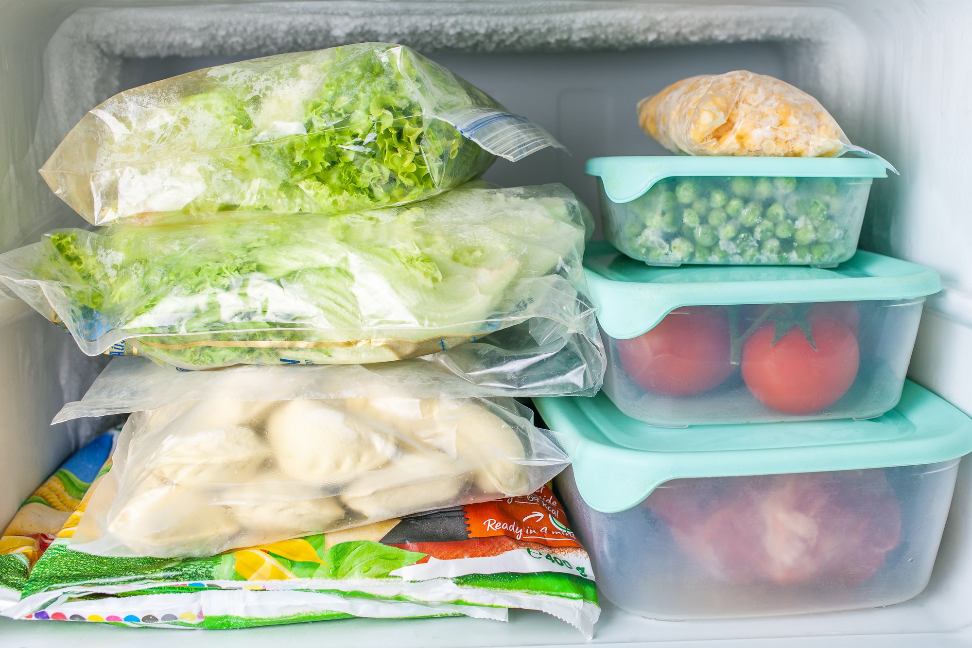 Frozen vegetables and meat in blue plastic containers